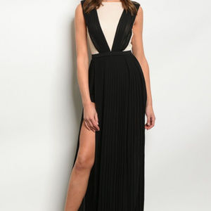 BLACK BEIGE SLIT HEM MAXI DRESS